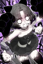 1girl animal_ears animal_hands bare_shoulders black_hair black_shirt black_skirt cat_(nyanko_daisensou) cat_ears cat_girl cat_tail collar collarbone crazed_moneko_(nyanko_daisensou) ebora fang flat_chest gloom_(expression) gloves grey_hair hands_up headset highres looking_at_viewer looking_up microphone nyanko_daisensou o_o open_mouth parted_bangs paw_gloves shirt short_hair skirt solo strapless strapless_shirt tail