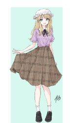 Rule 34 | 1girl, absurdres, black shoes, blonde hair, blue eyes, brown skirt, clothes lift, collared shirt, full body, green background, hat, highres, kashiwada kiiho, long hair, looking at viewer, maribel hearn, mob cap, open mouth, plaid clothes, plaid skirt, purple shirt, shirt, shoes, short sleeves, signature, skirt, skirt lift, smile, socks, solo, touhou, white socks