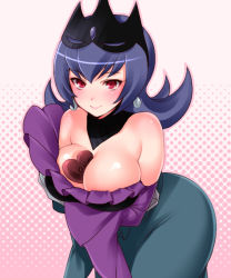 10s 1girl alternate_costume bare_shoulders bellelba_(pokemon) between_breasts blue_hair blush breasts candy chocolate chocolate_heart chocolate_on_body chocolate_on_breasts cleavage earrings elbow_gloves female_focus flipped_hair food food_on_body gloves gym_leader halftone halftone_background heart hizuki_akira jewelry large_breasts leaning_forward nintendo personification pokemon pokemon_bw2 pokestar_studios pokewood purple_hair red_eyes sabrina_(pokemon) smile solo valentine