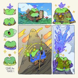 1boy albabg artist_logo bird bodysuit boots cape cloud day english_text flower food frog_boy full_body grog_the_frog hat highres holding holding_food holding_sandwich holding_staff logo mage_staff magic meteor multiple_views on_rock original outdoors pants plant sandwich sparkle staff