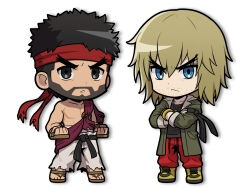 2boys :&lt; bare_pectorals beard beard_stubble black_hair black_shirt blonde_hair blue_eyes boots brown_eyes brown_gloves chibi clenched_hands closed_mouth coat collarbone dot_nose facial_hair forked_eyebrows full_body gloves green_coat highres jewelry ken_masters male_focus medium_hair multiple_boys necklace o-ring open_clothes open_coat pants parted_lips pectorals red_pants red_sash ryu_(street_fighter) sach56000 sandals sash shirt short_hair simple_background street_fighter street_fighter_6 stubble topless_male torn_clothes torn_pants white_background white_pants