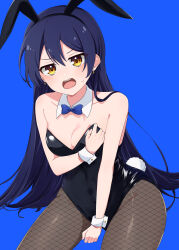 1girl absurdres angry animal_ears black_leotard blue_background blue_bow blue_bowtie blue_hair blush bow bowtie breasts brown_eyes cleavage commentary_request covering_breasts covering_crotch covering_privates crescent crescent_earrings detached_collar earrings embarrassed fake_animal_ears fake_tail fishnet_pantyhose fishnets highres jewelry leotard long_hair looking_at_viewer love_live! love_live!_school_idol_project open_mouth ozawasan0930 pantyhose playboy_bunny rabbit_ears rabbit_tail small_breasts solo sonoda_umi sweatdrop tail