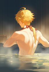 Rule 34 | 1boy, back, barrel, blonde hair, chinese commentary, commentary request, from behind, genshin impact, highres, male focus, nude, onsen, partially submerged, red rope, ripples, rope, short hair with long locks, solo, steam, thoma (genshin impact), water, xuanjilingzhu