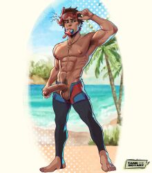 Rule 34 | 1boy, abs, absurdres, adjusting eyewear, armpit hair, bara, beach, brown eyes, brown hair, commentary, english commentary, erection, food, food in mouth, goggles, highres, large pectorals, legskin, male focus, male pubic hair, male swimwear, marvel, marvel rivals, muscular, muscular male, navel, navel hair, nipples, ocean, outdoors, palm tree, pectorals, penis out, peter parker, popsicle, popsicle in mouth, pubic hair, short hair, solo, swim goggles, tankboy, testicles, topless male, tree, variant set