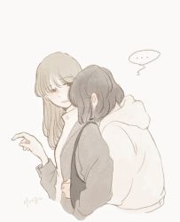 ... 2girls artist_name bag black_hair brown_hair hidden_face hood hoodie hsu-jo hug hug_from_behind long_hair multiple_girls original short_hair shoulder_bag sketch upper_body yuri
