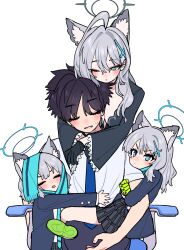 1boy 3girls =_= absurdres animal_ear_fluff animal_ears aqua_necktie aqua_scarf arm_hug black_choker black_dress black_gloves black_hair black_jacket blazer blue_archive blue_jacket blue_necktie blush breasts choker commentary cropped_jacket cross_hair_ornament dress extra_ears gloves grey_hair hair_ornament halo harem hetero highres hug hug_from_behind jacket je_o_mo large_breasts leg_lock multiple_girls multiple_persona necktie on_chair scarf school_uniform sensei_(blue_archive) shiroko_(blue_archive) shiroko_(young)_(blue_archive) shiroko_terror_(blue_archive) shirt simple_background sitting white_background white_shirt wolf_ears