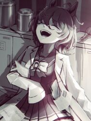 Rule 34 | 1girl, agnes tachyon (umamusume), bow, bowtie, can, closed eyes, coat, collared shirt, erlenmeyer flask, flask, hair between eyes, highres, lab coat, open clothes, open coat, open mouth, paper, pleated skirt, sailor collar, school uniform, shirt, skirt, sleeves past fingers, sleeves past wrists, smile, solo, spill, tears, teeth, tracen school uniform, umamusume, upper teeth only, yogoto (yo go t)