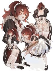 1boy apron ass black_choker black_dress black_shoes choker closed_mouth diluc_(genshin_impact) dress frilled_apron frills genshin_impact hair_between_eyes hair_ornament high_heels highres holding holding_spoon long_hair maid maid_apron maid_headdress male_focus multiple_views open_mouth ponytail red_eyes red_hair shoes spoon thighhighs trap waist_apron white_apron white_background white_thighhighs zehuij