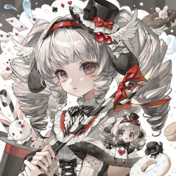1girl animal_ears bow cane chibi drill_hair food grey_eyes grey_hair hairband hat highres holding long_hair looking_at_viewer luhui original rabbit red_nails top_hat twin_drills twintails
