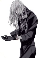 1boy adjusting_clothes adjusting_gloves black_gloves black_robe cowboy_shot enki_(fear_&amp;_hunger) fear_&amp;_hunger_(series) fear_&amp;_hunger_1 from_side gloves hashtag-only_commentary highres jewelry long_hair long_sleeves male_focus necklace robe scar scar_on_arm simple_background solo takenoko_gungun white_background