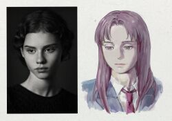 1girl bad_id bad_twitter_id blue_jacket closed_mouth collared_shirt commentary_request egashira_mika glub000 inactive_account jacket korean_commentary long_hair looking_down necktie parted_bangs photo-referenced photo_inset portrait purple_eyes purple_hair red_necktie reference_inset school_uniform shirt skip_to_loafer tsubame_nishi_high_school_uniform
