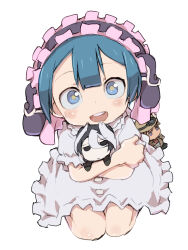 Rule 34 | 1boy, blue eyes, blue hair, buttons, character doll, doll, dress, highres, holding, holding doll, light blush, looking at viewer, made in abyss, maid headdress, maruruk, natt (made in abyss), open mouth, ozen, short hair, simple background, sitting, smile, teeth, trap, upper teeth only, wariza, white background, white dress, ximu shilang, yellow pupils