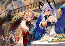 +_+ 6+girls :o aiguillette algerie_(azur_lane) apron asymmetrical_legwear azur_lane black_flower black_gloves black_thighhighs blonde_hair blue_eyes blue_gemstone blue_hair blue_ribbon bodystocking breasts brown_hair brown_shorts cape center_opening champagne_flute chandelier crown cup dark-skinned_female dark_skin detached_collar detached_sleeves double_bun dress drill_hair drinking_glass eating enterprise_(hms)_(azur_lane) feathered_wings fingerless_gloves flower framed_breasts frilled_apron frills fur-trimmed_cape fur_trim garter_straps gem gloves gradient_hair grey_hair hair_bun hair_flower hair_ornament hair_over_one_eye hair_ribbon high_ponytail highres holding holding_cup holding_polearm holding_weapon howe_(azur_lane) indoors jacket jean_bart_(azur_lane) jeanne_d&#039;arc_(azur_lane) joffre_(azur_lane) juliet_sleeves l&#039;indomptable_(azur_lane) l&#039;opiniatre_(azur_lane) large_breasts le_malin_(azur_lane) le_temeraire_(azur_lane) le_triomphant_(azur_lane) light_brown_hair long_hair long_sleeves maid maille-breze_(azur_lane) maltese_cross medium_breasts medium_hair multicolored_hair multiple_girls newcastle_(azur_lane) orange_hair pi_(p77777778) polearm ponytail puffy_sleeves purple_hair purple_wings red_eyes red_gloves red_hair red_jacket red_ribbon red_thighhighs ribbon richelieu_(azur_lane) round_eyewear short_shorts shorts sideboob spear stairs standing streaked_hair striped_clothes striped_thighhighs thighhighs tutu two-tone_hair vertical-striped_clothes vertical-striped_thighhighs very_long_hair walking weapon white_apron white_cape white_dress white_garter_straps white_hair white_thighhighs wings