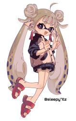 1girl :d ahoge artist_name black_shorts black_sleeves blonde_hair blue_eyes blue_hair colored_tongue commentary dolphin_shorts double_bun double_v earrings fang full_body hair_bun hair_flaps hands_up inkling inkling_girl inkling_player_character jacket jewelry long_hair looking_at_viewer multicolored_hair nintendo open_mouth pointy_ears red_sandals sandals shorts simple_background sleepy7tz smile solo splatoon_(series) symbol-only_commentary tassel tassel_earrings tentacle_hair thick_eyebrows three-quarter_sleeves twintails v very_long_hair white_background white_jacket yellow_tongue