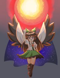 1girl :d arm_up asymmetrical_footwear black_wings boots brown_boots brown_hair cape collared_shirt commentary_request frilled_shirt_collar frilled_skirt frills full_body green_skirt highres long_hair looking_at_viewer open_mouth pointing pointing_up print_cape puffy_short_sleeves puffy_sleeves red_eyes reiuji_utsuho shirt short_sleeves skirt smile solo starry_sky_print sun third_eye touhou white_shirt wings zenji029