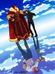 3boys beard black_gloves black_hair black_jacket black_shirt cape commentary_request diagonal-striped_clothes diagonal-striped_necktie different_reflection dual_persona facial_hair fate/zero fate_(series) fur-trimmed_cape fur_trim gloves green_sweater grin headpat iskandar_(fate) jacket kikuyarou long_hair lord_el-melloi_ii lord_el-melloi_ii_case_files male_focus multiple_boys muscular muscular_male necktie red_cape red_hair red_scarf red_skirt reflection scarf shirt skirt smile striped_clothes sweater t-shirt twitter_username waver_velvet wristband