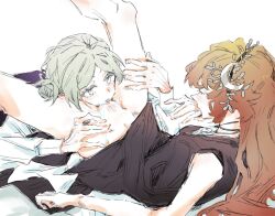 2girls bare_arms between_legs black_dress blush closed_mouth cunnilingus dress druvis_iii grey_eyes grey_hair hair_bun hand_on_another&#039;s_waist highres jewelry long_sleeves looking_at_another multiple_girls necklace oral orange_hair pussy pussy_juice reverse:1999 shirt single_side_bun tongue tongue_out vertin_(reverse:1999) white_shirt ying_(suetmo) yuri