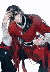 1boy black_hair black_pants bug butterfly chinese_clothes chinese_commentary ear_piercing earrings eyepatch glowing_butterfly hand_on_own_head hand_up hanfu hua_cheng insect invisible_chair jewelry keru233 long_hair long_sleeves looking_at_viewer male_focus necklace one_eye_covered pants parted_lips piercing red_eyes red_hanfu sash simple_background sitting solo tianguan_cifu white_background white_butterfly wide_sleeves yuanlingpao