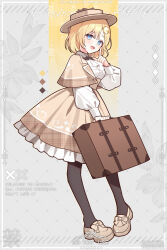 1girl :d absurdres argyle_background black_pantyhose blonde_hair blue_eyes blush bob_cut border bow bowtie breasts brown_bow brown_capelet brown_hat brown_shoes capelet collared_shirt color_guide detective english_text finger_to_cheek floral_background footwear_bow frilled_skirt frills full_body grey_background hair_ornament hand_up hat hat_bow high-waist_skirt highres holding holding_suitcase hololive hololive_english index_finger_raised inset_border loafers long_sleeves looking_at_viewer medium_breasts medium_hair open_mouth pantyhose pigeon-toed plaid_clothes plaid_skirt puffy_long_sleeves puffy_sleeves shirt shirt_tucked_in shoes sidelocks skirt smile solo standing suitcase tassel_loafers virtual_youtuber waka_(wk4444) watermark watson_amelia white_border white_shirt
