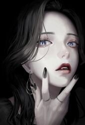 1girl 2025 aoi_machi black_hair black_nails blue_eyes earrings fangs highres jewelry long_hair looking_to_the_side makeup monster_girl open_mouth original solo vampire