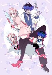 1boy 1girl alternate_costume bandaid black_hair black_thighhighs blue_eyes blue_hair boots braid braided_ponytail coat collar collarbone doctor dress eyepatch face_piercing gloves hat holding holding_needle holding_vial kirifuji_nozomi lip_piercing looking_at_viewer multicolored_hair needle notepad nurse nurse_cap omokage_yugamu piercing pill pink_boots pink_dress pink_gloves purple_background purple_eyes simple_background the_hundred_line_-last_defense_academy- thighhighs turning_head vial white_coat white_hair