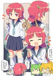 3girls ^_^ blue_neckerchief blue_sailor_collar blue_skirt border cardboard chibi closed_eyes closed_mouth commentary_request dragon_horns fake_wings highres horns jitome long_sleeves looking_at_viewer medium_hair multiple_girls neckerchief notice_lines open_mouth original outside_border own_hands_together palms_together pleated_skirt pointy_ears raised_eyebrows red_eyes red_hair roku_no_hito sailor_collar school_uniform serafuku shirt shoes skirt smile sneakers socks solo_focus speech_bubble standing sweat translation_request white_border white_footwear white_shirt white_socks wings yellow_horns