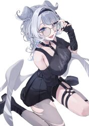 1girl adjusting_eyewear aqua_eyes arm_under_breasts black_hairband black_nails black_shirt black_skirt breasts chest_harness elira_pendora elira_pendora_(goth) fangs fingerless_gloves glasses gloves grey_hair hair_intakes hairband harness head_wings heterochromia highres large_breasts low_wings mole mole_on_armpit nijisanji nijisanji_en off-shoulder_shirt off_shoulder open_mouth pantyhose pleated_skirt purple_eyes sakana-ko shirt simple_background single_fingerless_glove single_leg_pantyhose sitting skirt smile solo torn_clothes torn_pantyhose virtual_youtuber wariza white_background wings