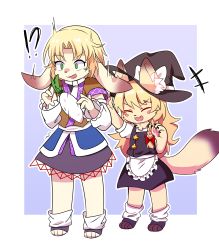 !? +++ absurdres animal_ear_fluff animal_ears apron arm_warmers black_headwear black_shirt black_skirt black_vest blonde_hair bow braid brown_shirt closed_eyes commentary_request cookie_(touhou) daikon ears_through_headwear fang flat_chest fox_ears fox_girl fox_tail frilled_apron frills full_body furrification furry furry_female green_eyes hair_bow hat hat_bow highres inabahitomi joker_(cookie) kirisame_marisa loose_socks mizuhashi_parsee open_mouth parted_bangs pawpads pointy_ears rabbit_ears rabbit_girl radish red_bow shirt short_hair short_sleeves side_braid single_braid skirt smile socks star_(symbol) suzu_(cookie) tail touhou undershirt vest waist_apron white_apron white_bow white_legwear witch_hat
