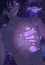 Rule 34 | 1boy, absurdres, arms at sides, bare shoulders, black hair, bone, bright pupils, closed mouth, collarbone, cracked skin, doll joints, ebany ohuet, expressionless, genshin impact, gnosis (genshin impact), hair over one eye, highres, hole in chest, hole on body, joints, looking at viewer, lower eyelashes only, male focus, navel, purple eyes, ribs, sanpaku, scaramouche (genshin impact), solo, topless male, twitter username, white pupils