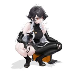 1girl absurdres antenna_hair bare_shoulders belt black_bodysuit black_boots black_hair bodysuit boots breasts clitoris_slip closed_mouth elbow_gloves fingerless_gloves gloves goddess_of_victory:_nikke hair_between_eyes highres k_(nikke) long_hair multicolored_hair ohisashiburi orange_eyes partially_visible_vulva pussy pussy_peek simple_background single_leg_bodysuit sleeveless sleeveless_bodysuit solo spiked_hair spread_legs squatting thigh_strap two-tone_hair very_long_hair wardrobe_malfunction white_background white_hair