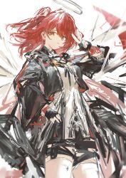 Rule 34 | 1girl, absurdres, arknights, black jacket, breasts, chinese commentary, closed mouth, commentary request, cropped jacket, dress, exusiai (arknights), exusiai the new covenant (arknights), halo, hand on own hip, highres, jacket, laoshi wo hao e, long sleeves, looking at viewer, medium breasts, medium hair, one side up, open clothes, open jacket, red eyes, red hair, sketch, solo, standing, thighhighs, three-finger salute, upper body, white dress, white thighhighs, wide sleeves, wings