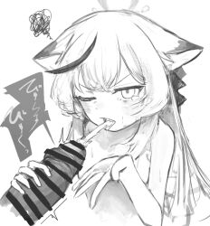 1boy 1girl animal_ears blue_archive cat_ears cat_girl cum cum_in_mouth ejaculation handjob hetero kokona_(blue_archive) loli multicolored_hair one_eye_closed shimeji_take streaked_hair