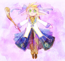 1boy blonde_hair blue_bow blue_coat bow brown_pants coat commentary_request crying crying_with_eyes_open full_body gold_trim green_eyes hair_bow high_priest_(ragnarok_online) holding holding_staff looking_afar male_focus multicolored_coat open_mouth pants pink_background pointy_ears ragnarok_online shoes short_hair solo staff tears two-tone_coat white_background white_coat yukimushi