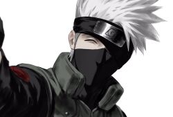 Rule 34 | 1boy, flak jacket, forehead protector, green jacket, hatake kakashi, highres, jacket, looking at viewer, male focus, mask, mouth mask, naruto (series), one eye closed, one eye covered, short hair, simple background, solo, spiked hair, sso s, white background, white hair