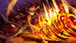 1boy belt embers grin hair_between_eyes highres holding holding_weapon jacket looking_at_viewer male_focus non-web_source official_art purple_eyes senju_hyakuichitarou shoes short_hair smile sneakers solo tribe_nine weapon