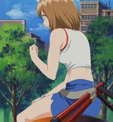 00s 1girl anime_screenshot belt bracelet brown_eyes brown_hair dual_wielding elie from_behind from_side hand_on_own_knee highres holding jewelry miniskirt pencil_skirt rave_(manga) short_hair side_slit sitting skirt solo stitched tank_top thighs third-party_edit tonfa weapon