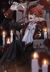 1boy ascot black_gloves black_nails blue_hair candle candlelight closed_mouth commentary crossed_bangs cup diluc_(genshin_impact) english_commentary flower genshin_impact gloves greentea7954 hair_between_eyes highres holding holding_cup long_hair long_sleeves male_focus open_mouth pointy_ears ponytail pouring pouring_onto_self red_eyes red_flower red_hair red_rose rose simple_background sitting thorns vampire white_ascot
