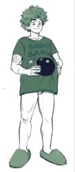 Rule 34 | 1boy, bakudeku, bare legs, boku no hero academia, bomb, curly hair, explosive, fish lips art, happy, highres, legs, male pregnancy, messy hair, midoriya izuku, pregnant, scar, scar on arm, shirt, slippers, smile, toned legs, underwear, yaoi