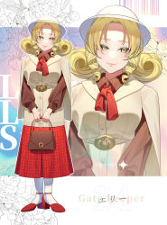 Rule 34 | 1girl, :3, absurdres, adapted costume, bag, belt, blonde hair, brown jacket, brown shirt, closed mouth, commentary request, curly hair, elly (touhou), full body, guumin, hat, high heels, highres, holding back, jacket, looking at viewer, medium hair, multiple views, neck ribbon, pantyhose, plaid clothes, plaid skirt, red footwear, red ribbon, red skirt, ribbon, shirt, shoulder bag, skirt, smile, standing, sun hat, touhou, touhou (pc-98), translation request, white hair, white pantyhose, yellow eyes
