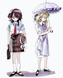 1990s_(style) 2girls 6osquet bare_shoulders black_eyes black_shoes black_skirt blonde_hair brown_hair brown_shoes dress expressionless full_body hat highres holding holding_umbrella holding_unworn_clothes holding_unworn_hat maribel_hearn mob_cap multiple_girls necktie no_socks plaid_clothes plaid_skirt purple_dress red_necktie retro_artstyle shirt shoes short_sleeves skirt sleeveless sleeveless_dress smile socks solo touhou umbrella unworn_hat unworn_headwear usami_renko white_background white_shirt white_socks yellow_eyes