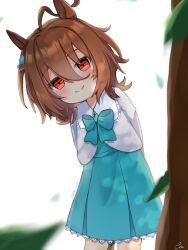 aged_down agnes_tachyon_(umamusume) ahoge animal_ears aqua_bow aqua_bowtie aqua_dress blush bow bowtie brown_hair chemical_structure closed_mouth commentary_request dress ear_tag highres horse_ears horse_girl jacket looking_at_viewer pou_sub red_eyes short_hair signature smile tree twitter_username umamusume white_background white_jacket