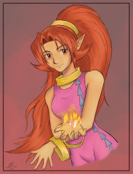 1girl bodysuit bracelet dark_skin dark-skinned_female din female_focus fingernails fire jewelry long_hair magic nintendo orange_hair pointy_ears ponytail red_eyes red_hair solo the_legend_of_zelda the_legend_of_zelda:_oracle_of_seasons