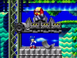 2boys 3d bald blue_eyes dr._eggman evil_grin evil_smile facial_hair gloves grin male_focus multiple_boys mustache plump shoes sky smile sneakers sonic_(series) sonic_cd sonic_the_hedgehog sonic_the_hedgehog_(classic) watermark
