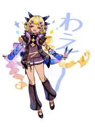 1girl absurdres aged_down armlet belt black_shirt black_shorts blonde_hair body_markings braid braided_twintails closed_eyes clothing_cutout commentary_request dark-skinned_female dark_skin detached_sleeves dragon_girl dragon_horns dragon_tail earrings facial_mark fate/grand_order fate_(series) full_body hair_ornament hairclip highres horns jewelry lace-trimmed_shorts lace_trim leg_warmers long_hair open_mouth shirt shorts smile solo sugomori_tsuru_(hana_tsuru_wo) tail vritra_(fate)
