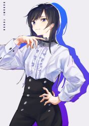 Rule 34 | 1girl, absurdres, black hair, black pants, center frills, chinese commentary, closed mouth, commentary request, frills, highres, kanato04249580, long sleeves, nanami touko, pants, purple eyes, shirt, simple background, solo, white background, white shirt, yagate kimi ni naru