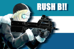 1boy absurdres beanie black_coat black_gloves blonde_hair bullpup coat counter-strike_(series) creamyghost final_fantasy final_fantasy_xv from_side fur-trimmed_coat fur_trim gloves goggles gun hat highres holding holding_gun holding_weapon long_sleeves male_focus motion_blur p90 personal_defense_weapon prompto_argentum short_hair solo submachine_gun weapon