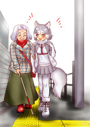 2girls absurdres animal_ear_fluff animal_ears blind blue_eyes blush cane clinging dog_(mixed_breed)_(kemono_friends) dog_ears dog_girl dog_tail elbow_gloves extra_ears gloves grey_hair hakumaiya harness heterochromia highres jacket kemono_friends multicolored_hair multiple_girls old old_woman open_mouth pantyhose plaid_clothes plaid_sleeves short_hair short_sleeves skirt smile tail two-tone_hair white_cane white_hair wrinkled_skin yellow_eyes