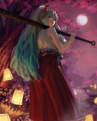 1girl artist_name bare_arms bare_shoulders blue_hair breasts cherry_blossoms closed_mouth club club_(weapon) commentary curled_horns dated from_behind full_moon gradient_hair grass grey_hair hair_ornament hair_stick hakama hakama_pants high_ponytail highres holding holding_club holding_weapon horns japanese_clothes kanabou kimono lantern large_breasts leaf light_smile long_hair looking_at_viewer looking_back low-cut_armhole luxearte moon moonlight multicolored_hair night night_sky nose one_piece oni outdoors over_shoulder pants plant ponytail profile puddle red_eyes red_hakama red_horns rope rope_belt shimenawa sideboob sideless_kimono sidelocks signature sky sleeveless sleeveless_kimono solo spiked_club standing tree two-tone_hair wading water weapon weapon_over_shoulder white_kimono yamato_(one_piece)