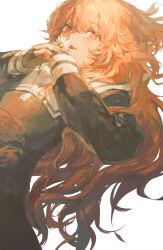 1girl absurdres blush dress fang flower hair_between_eyes hair_spread_out highres holding holding_flower kagari_mimi kimi_ga_shinu_made_koi_wo_shitai lanmi_lemmy long_hair long_sleeves looking_at_viewer lying on_back open_mouth own_hands_together pink_eyes pink_hair red_eyes sailor_collar school_uniform simple_background solo upper_body white_background white_flower white_sailor_collar