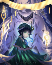 Rule 34 | 1boy, 1girl, artist name, black hair, blue eyes, blue hair, braid, braided bangs, breasts, cape, closed mouth, collarbone, erika harlacher, genshin impact, german clothes, green cape, hair between eyes, hat feather, highres, istaroth (genshin impact), junebuart, jung yoo-jung, long hair, medium breasts, miaojiang, multicolored hair, murase ayumu, night, night sky, purple sky, sky, smile, streaked hair, twin braids, venti (genshin impact), very long hair, voice actor connection, white background